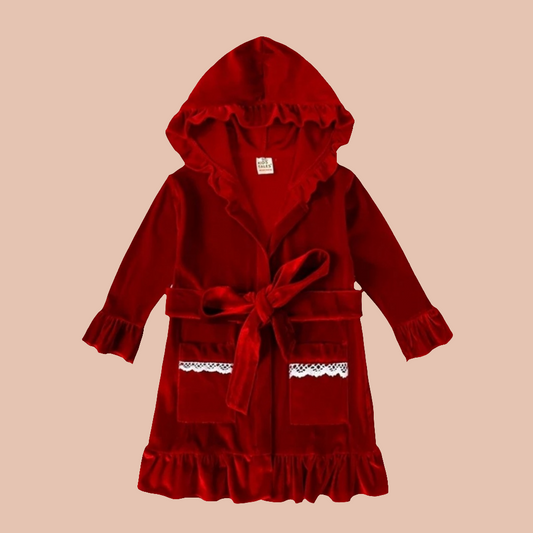 Girls Christmas Red Velvet Dressing Gown