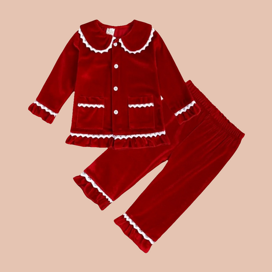 Girls Christmas Red Velvet Pyjama set