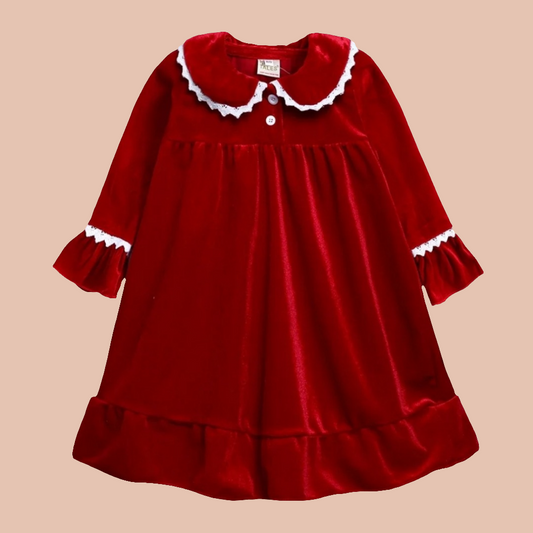 Girls Christmas Red Velvet Night Dress